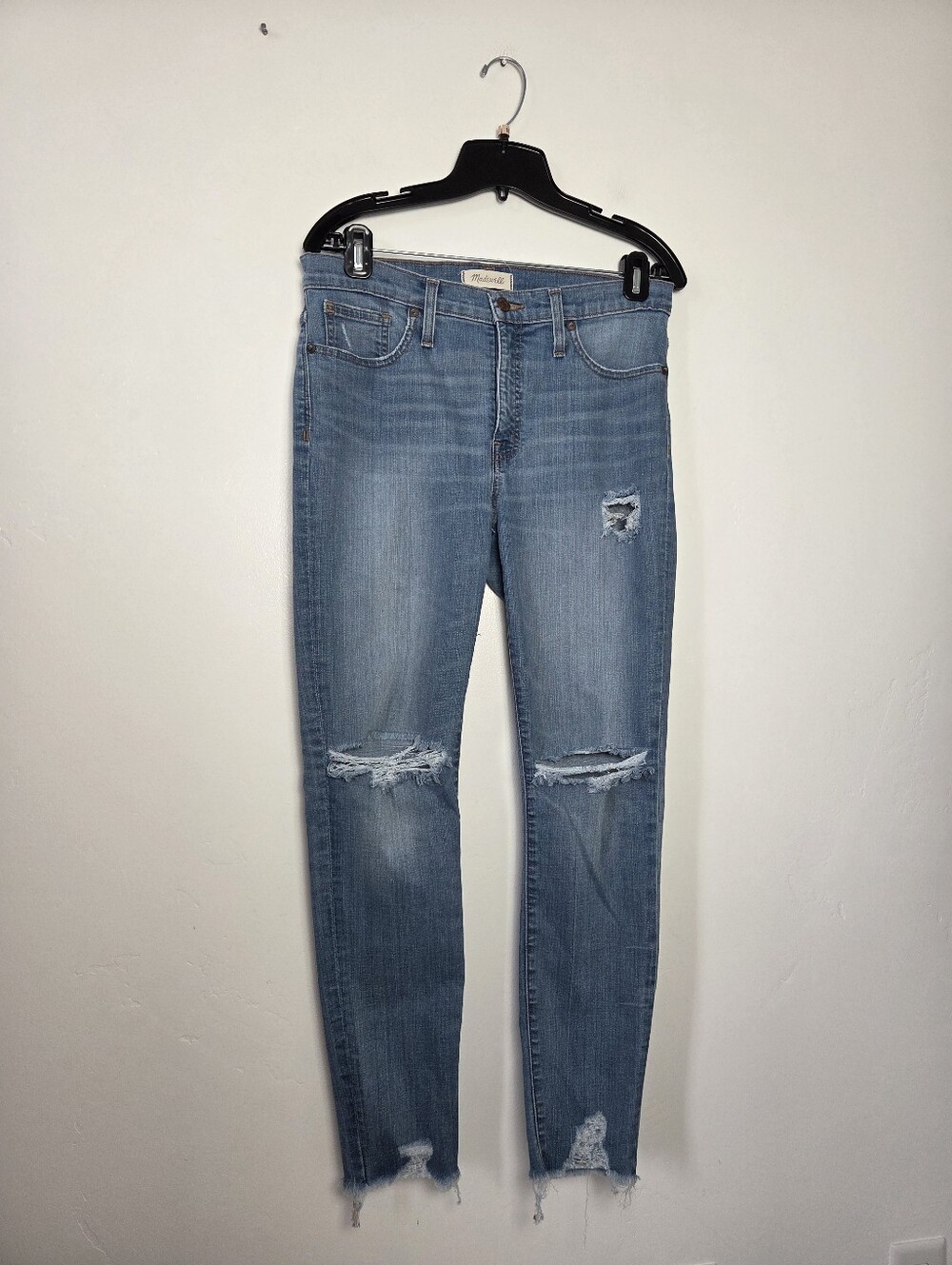 Madewell 9 Inch High Rise Skinny Jeans Distressed Raw Fringe Hem Medium Wash 30